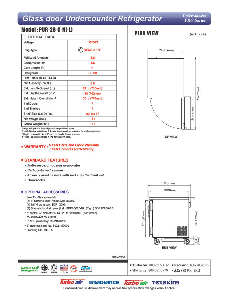 Turbo Air PUR-28-G-N 27 1/2" W Undercounter Refrigerator w/ 1 Section & 1 Glass Door - Donut-Equipment.com