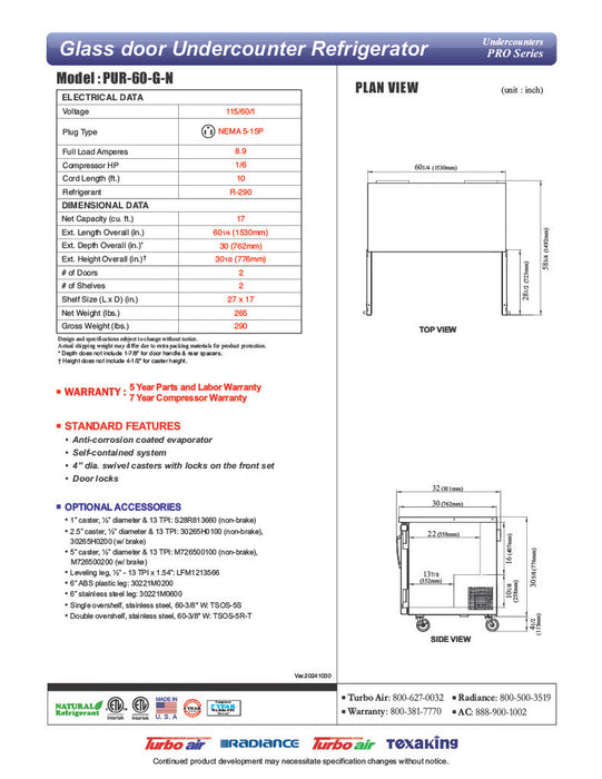 Turbo Air PUR-60-G-N 60 1/4" W Undercounter Refrigerator w/ 2 Sections & 2 Glass Doors - Donut-Equipment.com