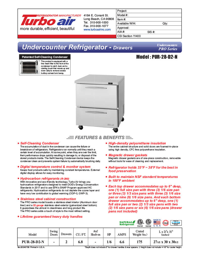 Turbo Air PUR-28-D2-N 27 1/2" W Undercounter Refrigerator w/ 1 Section & 2 Drawers - Donut-Equipment.com