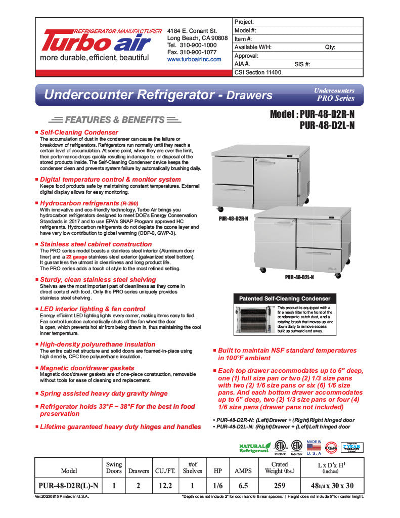 Turbo Air PUR-48-D2R-N 48 1/4" W Undercounter Refrigerator w/ (2) Sections - (1) Door & (2) Drawers - Donut-Equipment.com