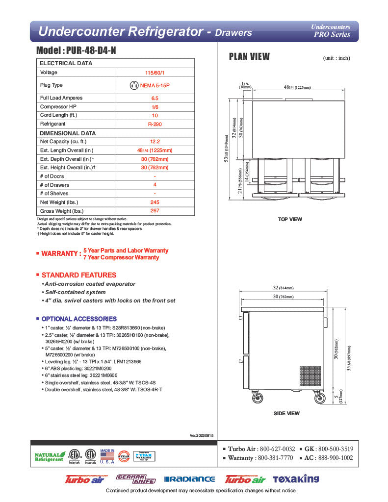 Turbo Air PUR-48-D4-N 48 1/4" W Undercounter Refrigerator w/ 2 Sections & 4 Drawers - Donut-Equipment.com