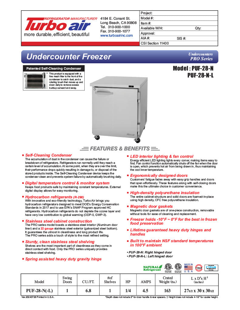 Turbo Air PUF-28-N 27 1/2" W Undercounter Freezer w/ 1 Section & 1 Door - Donut-Equipment.com