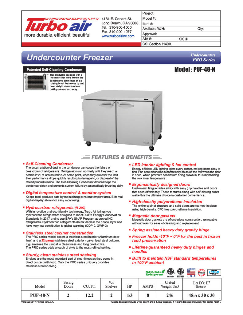 Turbo Air PUF-48-N 48 1/4" W Undercounter Freezer w/ 2 Sections & 2 Doors - Donut-Equipment.com
