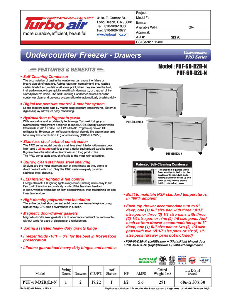 Turbo Air PUF-60-D2R-N 60 1/4" W Undercounter Freezer w/ 2 Sections, 1 Door & 2 Drawers - Donut-Equipment.com