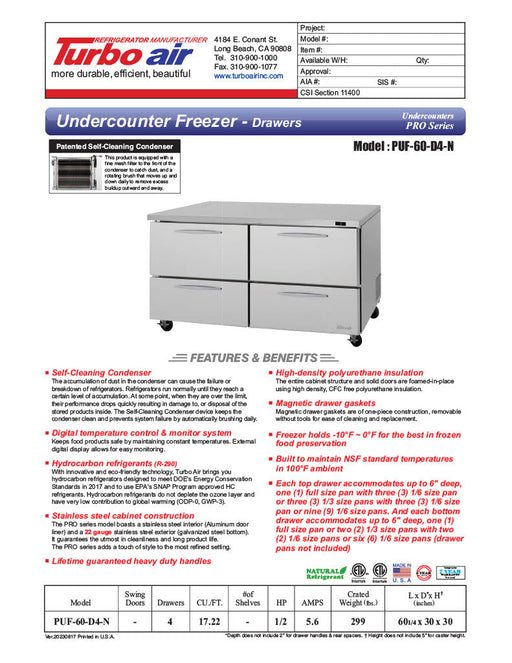 Turbo Air PUF-60-D4-N 60 1/4" W Undercounter Freezer w/ 2 Sections & 4 Drawers - Donut-Equipment.com