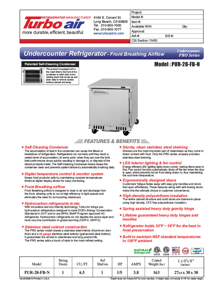 Turbo Air PUR-28-FB-N 27 1/2" W Undercounter Refrigerator w/ 1 Section Front Breathing - Donut-Equipment.com