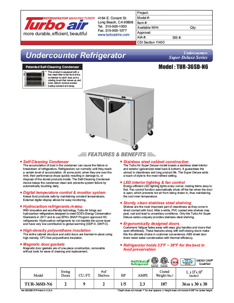Turbo Air TUR-36SD-N6 36 1/4" W Undercounter Refrigerator w/ 2 Sections & 2 Doors - Donut-Equipment.com