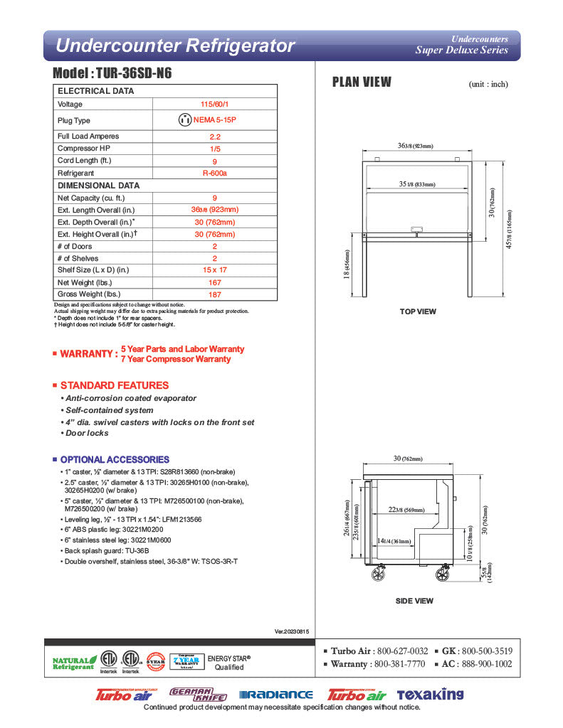 Turbo Air TUR-36SD-N6 36 1/4" W Undercounter Refrigerator w/ 2 Sections & 2 Doors - Donut-Equipment.com