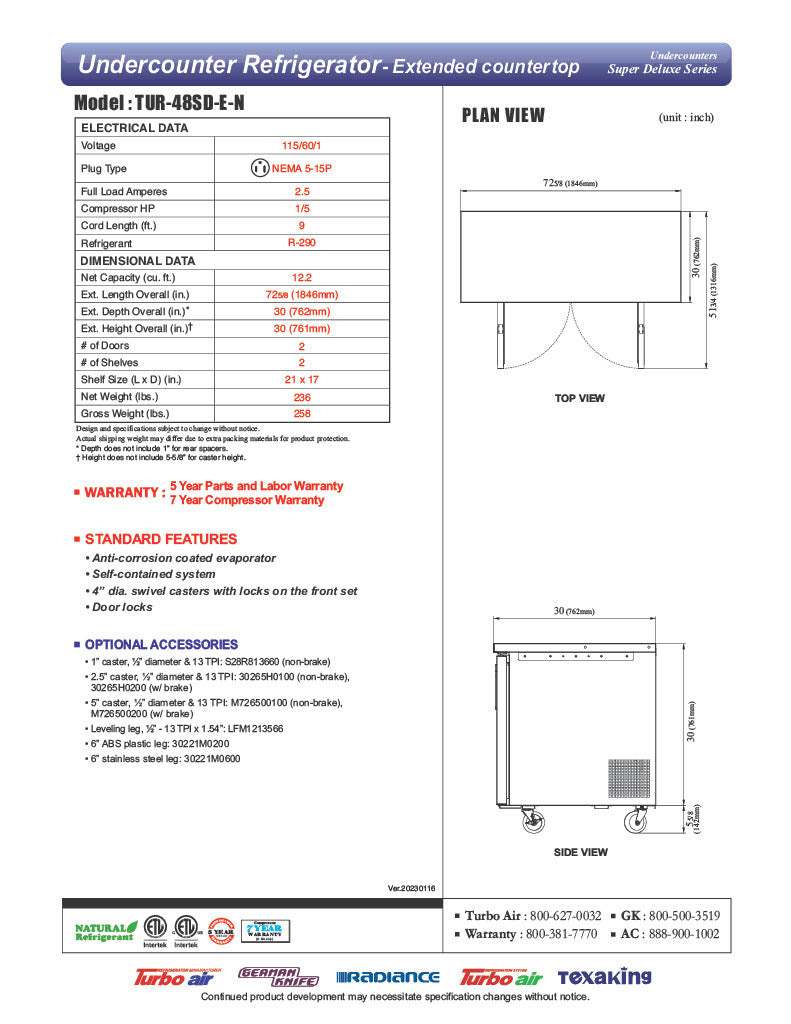 Turbo Air TUR-48SD-E-N 72 5/8" W Undercounter Refrigerator w/ 2 Sections & 2 Doors, Extended Countertop - Donut-Equipment.com