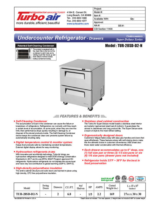 Turbo Air TUR-28SD-D2-N 27 1/2" W Undercounter Refrigerator w/ 1 Section & 2 Drawers - Donut-Supplies.Com