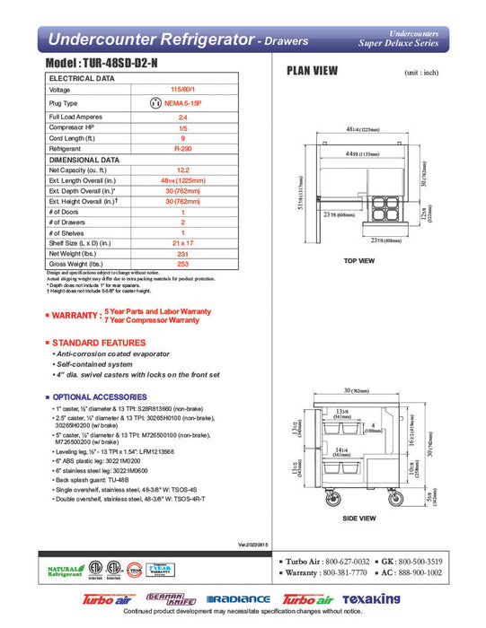 Turbo Air TUR-48SD-D2-N 48 1/4" W Undercounter Refrigerator w/ 2 Sections, 1 Door & 2 Drawers - Donut-Supplies.Com