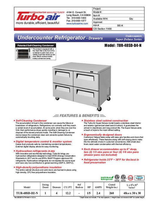 Turbo Air TUR-48SD-D4-N 48 1/4" W Undercounter Refrigerator w/ 2 Sections & 4 Drawers - Donut-Supplies.Com