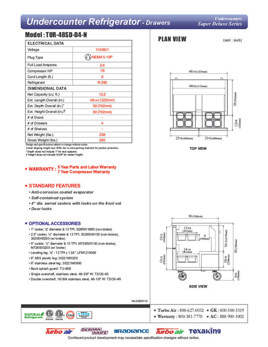 Turbo Air TUR-48SD-D4-N 48 1/4" W Undercounter Refrigerator w/ 2 Sections & 4 Drawers - Donut-Supplies.Com
