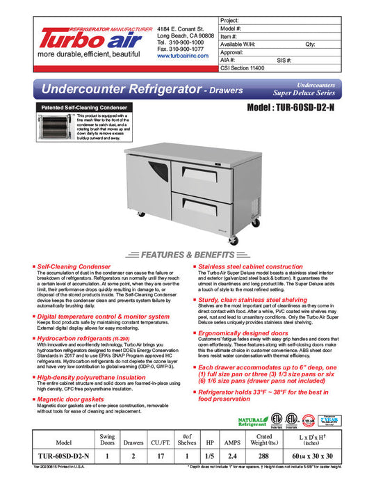 Turbo Air TUR-60SD-D2-N 60 1/4" W Undercounter Refrigerator w/ 2 Section, 1 Door & 2 Drawers - Donut-Supplies.Com