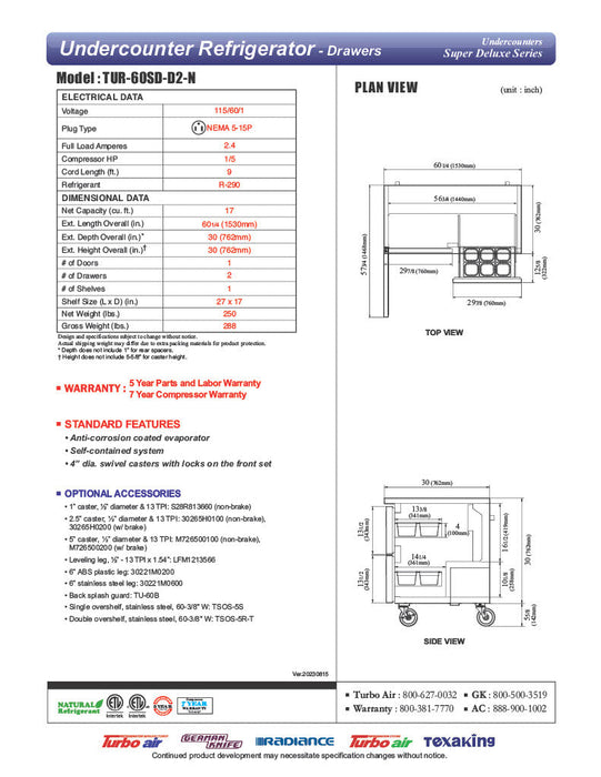 Turbo Air TUR-60SD-D2-N 60 1/4" W Undercounter Refrigerator w/ 2 Section, 1 Door & 2 Drawers - Donut-Supplies.Com