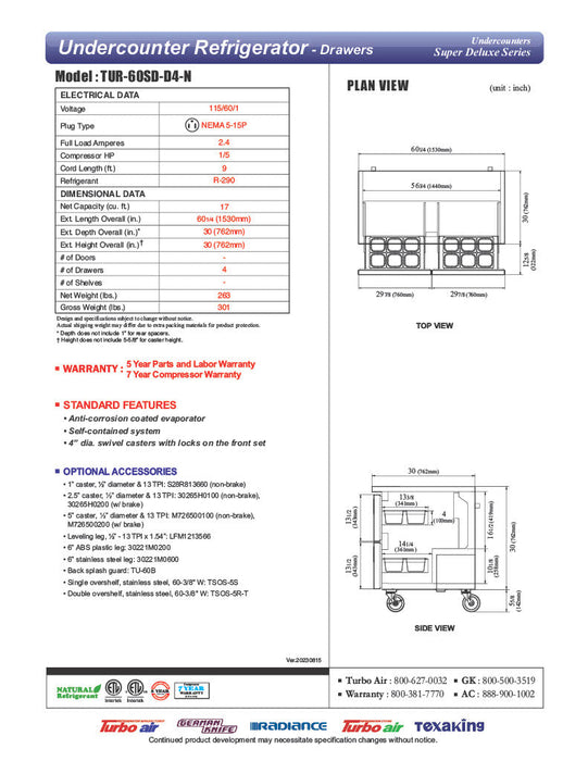 Turbo Air TUR-60SD-D4-N 60 1/4" W Undercounter Refrigerator w/ 2 Sections & 4 Drawers - Donut-Supplies.Com