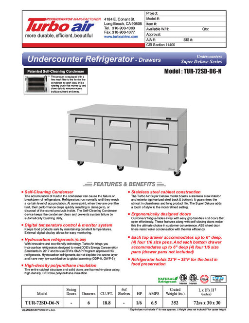 Turbo Air TUR-72SD-D6-N 72 1/4" W Undercounter Refrigerator w/ 2 Sections & 6 Drawers - Donut-Supplies.Com