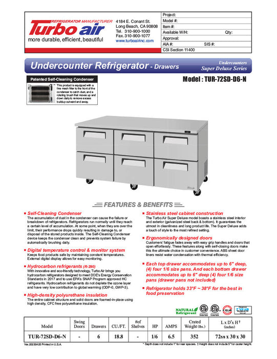 Turbo Air TUR-72SD-D6-N 72 1/4" W Undercounter Refrigerator w/ 2 Sections & 6 Drawers - Donut-Supplies.Com