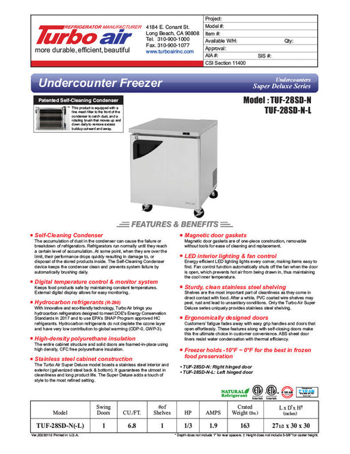 Turbo Air TUF-28SD-N 27 1/2" W Undercounter Freezer w/ (1) Section & (1) Door - Donut-Supplies.Com