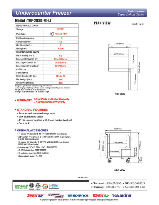 Turbo Air TUF-28SD-N 27 1/2" W Undercounter Freezer w/ (1) Section & (1) Door - Donut-Supplies.Com