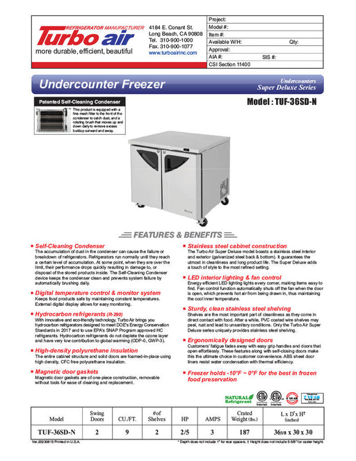 Turbo Air TUF-36SD-N 36 1/4" W Undercounter Freezer w/ 2 Sections & 2 Doors - Donut-Supplies.Com