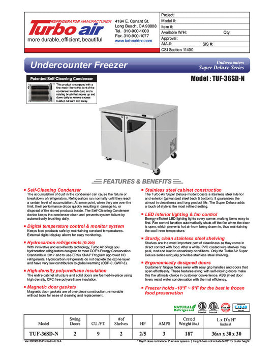 Turbo Air TUF-36SD-N 36 1/4" W Undercounter Freezer w/ 2 Sections & 2 Doors - Donut-Supplies.Com