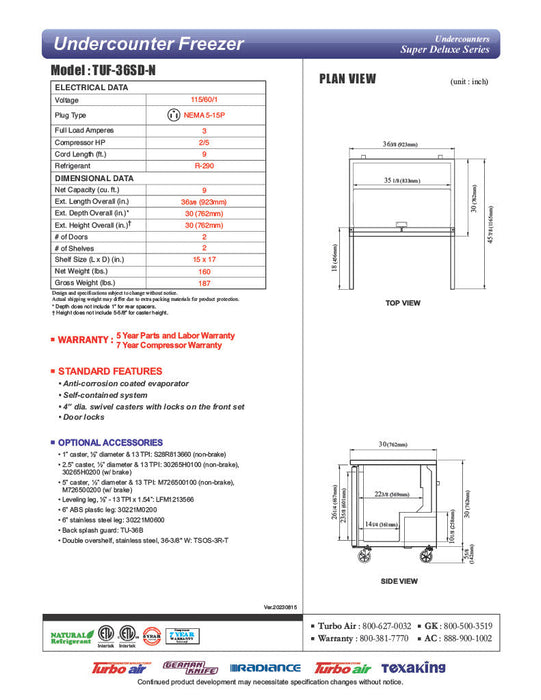 Turbo Air TUF-36SD-N 36 1/4" W Undercounter Freezer w/ 2 Sections & 2 Doors - Donut-Supplies.Com