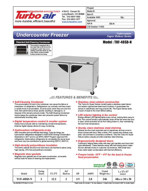 Turbo Air TUF-48SD-N 48 1/4" W Undercounter Freezer w/ 2 Sections & 2 Doors - Donut-Supplies.Com