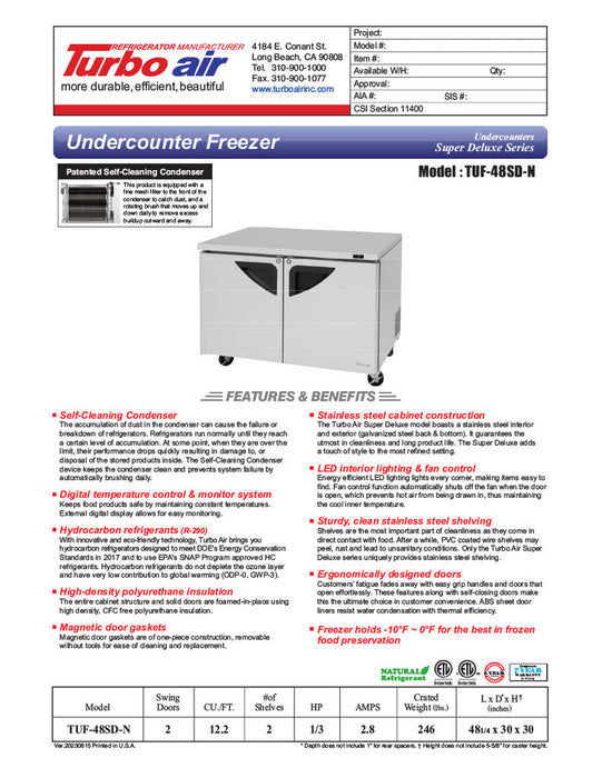 Turbo Air TUF-48SD-N 48 1/4" W Undercounter Freezer w/ 2 Sections & 2 Doors - Donut-Supplies.Com
