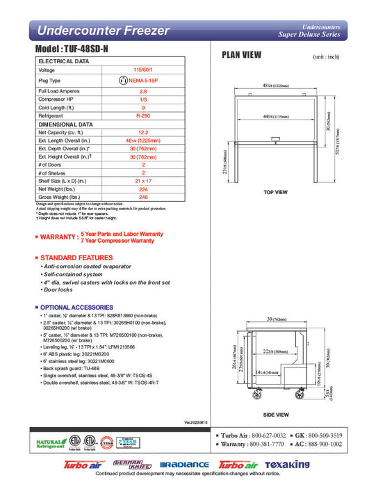 Turbo Air TUF-48SD-N 48 1/4" W Undercounter Freezer w/ 2 Sections & 2 Doors - Donut-Supplies.Com