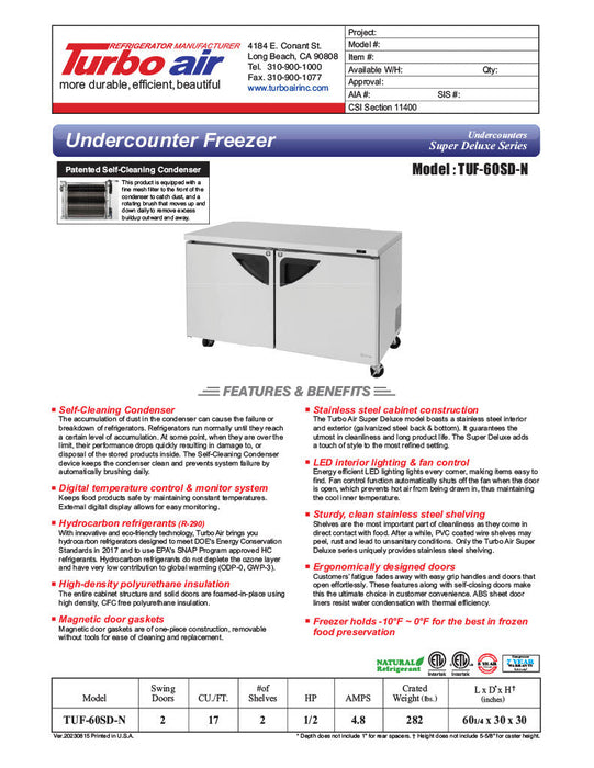 Turbo Air TUF-60SD-N 60 1/4" W Undercounter Freezer w/ 2 Sections & 2 Doors - Donut-Supplies.Com