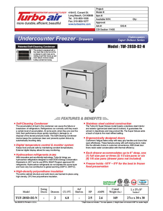 Turbo Air TUF-28SD-D2-N 27 1/2" W Undercounter Freezer w/ 1 Section & 2 Drawers - Donut-Supplies.Com
