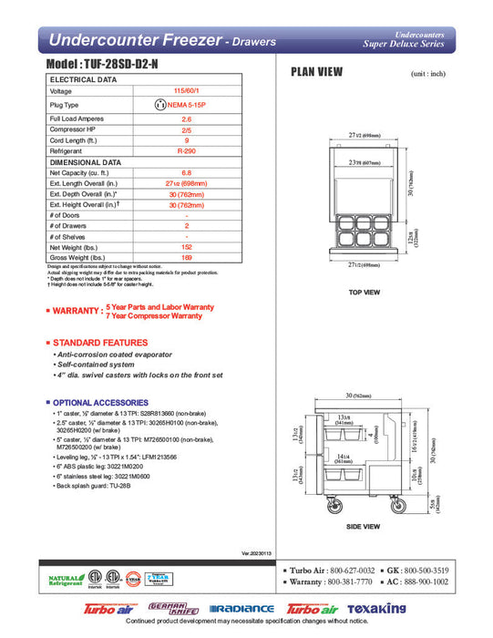 Turbo Air TUF-28SD-D2-N 27 1/2" W Undercounter Freezer w/ 1 Section & 2 Drawers - Donut-Supplies.Com