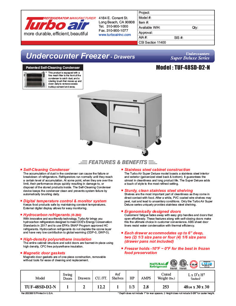 Turbo Air TUF-48SD-D2-N 48 1/4" W Undercounter Freezer w/ 2 Sections, 1 Door & 2 Drawers - Donut-Equipment.com