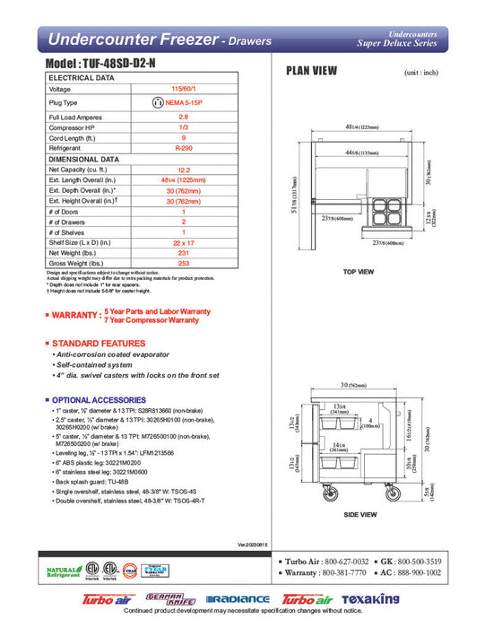 Turbo Air TUF-48SD-D2-N 48 1/4" W Undercounter Freezer w/ 2 Sections, 1 Door & 2 Drawers - Donut-Supplies.Com