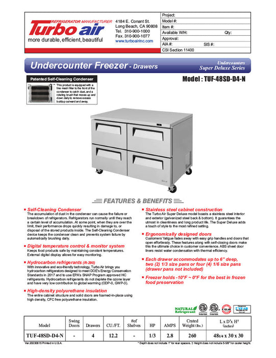 Turbo Air TUF-48SD-D4-N 48 1/4" W Undercounter Freezer w/ 2 Sections & 4 Drawers - Donut-Supplies.Com