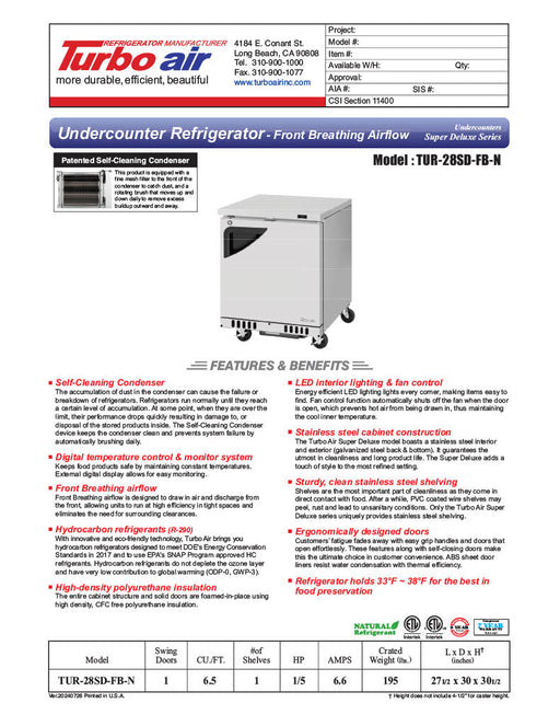 Turbo Air TUR-28SD-FB-N 27" 1-Section Undercounter Refrigerator w/ 1 Door - Donut-Supplies.Com