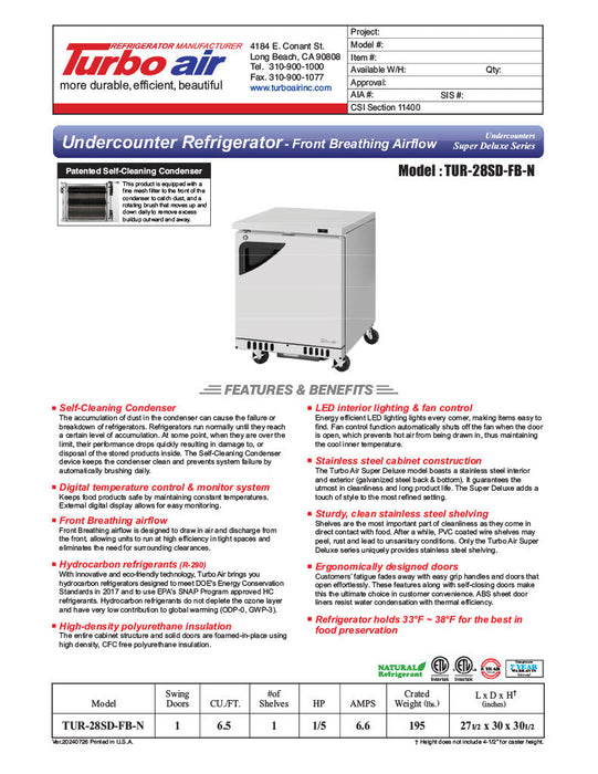 Turbo Air TUR-28SD-FB-N 27" 1-Section Undercounter Refrigerator w/ 1 Door - Donut-Supplies.Com
