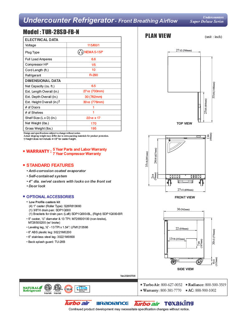 Turbo Air TUR-28SD-FB-N 27" 1-Section Undercounter Refrigerator w/ 1 Door - Donut-Equipment.com