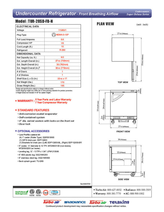 Turbo Air TUR-28SD-FB-N 27" 1-Section Undercounter Refrigerator w/ 1 Door - Donut-Supplies.Com