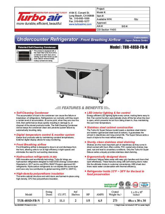Turbo Air TUR-48SD-FB-N 48 1/4" W Undercounter Refrigerator w/ 2 Sections, Solid Doors, Front Breathing - Donut-Supplies.Com