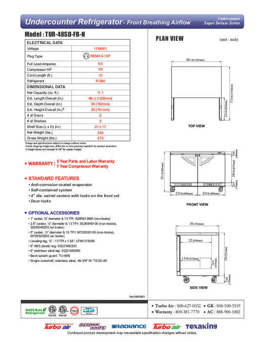 Turbo Air TUR-48SD-FB-N 48 1/4" W Undercounter Refrigerator w/ 2 Sections, Solid Doors, Front Breathing - Donut-Supplies.Com