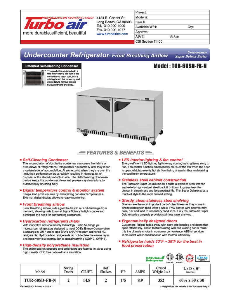 Turbo Air TUR-60SD-FB-N 60 1/4" W Undercounter Refrigerator w/ 2 Sections, Solid Doors & Front Breathing - Donut-Equipment.com