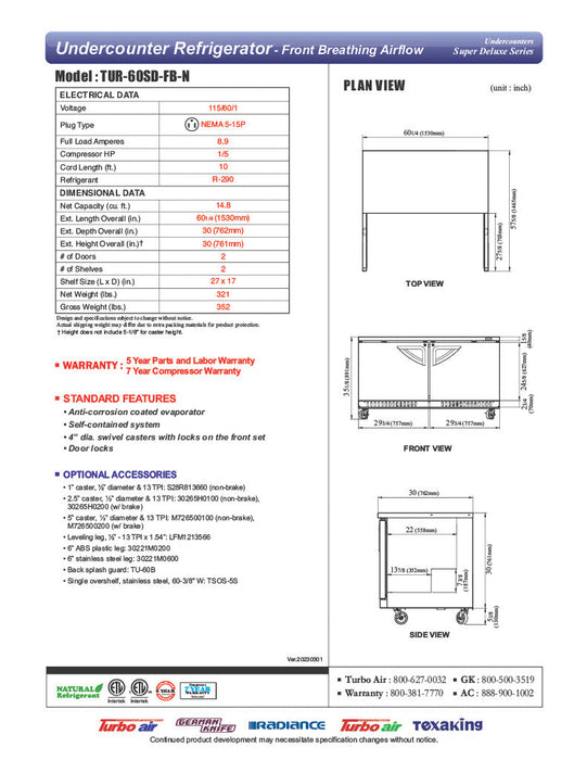 Turbo Air TUR-60SD-FB-N 60 1/4" W Undercounter Refrigerator w/ 2 Sections, Solid Doors & Front Breathing - Donut-Supplies.Com