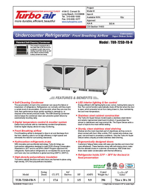 Turbo Air TUR-72SD-FB-N 72 1/4" W Undercounter Refrigerator w/ 3 Sections, Solid Doors & Front Breathing - Donut-Supplies.Com