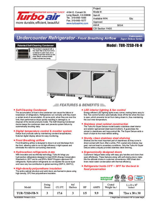 Turbo Air TUR-72SD-FB-N 72 1/4" W Undercounter Refrigerator w/ 3 Sections, Solid Doors & Front Breathing - Donut-Supplies.Com