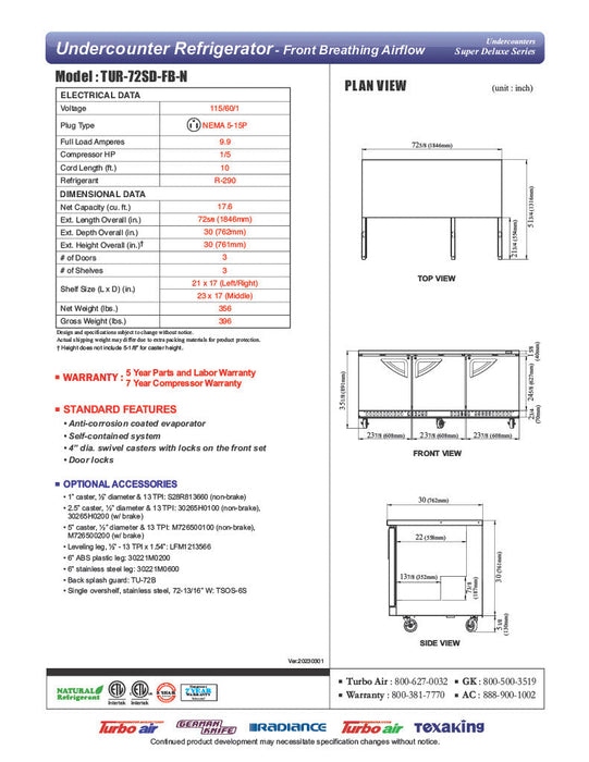 Turbo Air TUR-72SD-FB-N 72 1/4" W Undercounter Refrigerator w/ 3 Sections, Solid Doors & Front Breathing - Donut-Supplies.Com