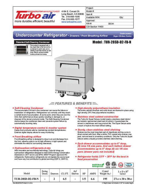 Turbo Air TUR-28SD-D2-FB-N 27 1/2" W Undercounter Refrigerator w/ 1 Section, 2 Drawers & Front Breathing - Donut-Supplies.Com