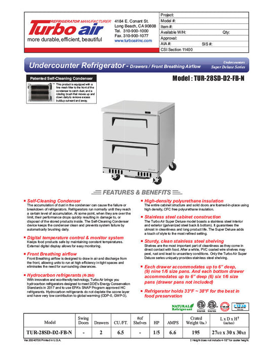 Turbo Air TUR-28SD-D2-FB-N 27 1/2" W Undercounter Refrigerator w/ 1 Section, 2 Drawers & Front Breathing - Donut-Supplies.Com