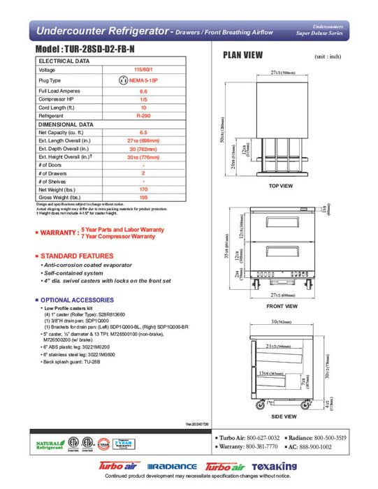 Turbo Air TUR-28SD-D2-FB-N 27 1/2" W Undercounter Refrigerator w/ 1 Section, 2 Drawers & Front Breathing - Donut-Supplies.Com